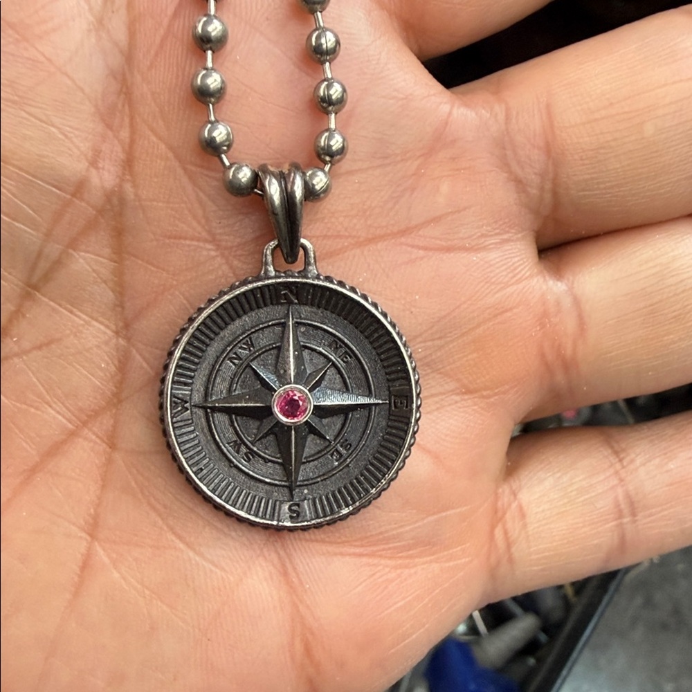 Compass Pendant Necklace with Pink Center Stone